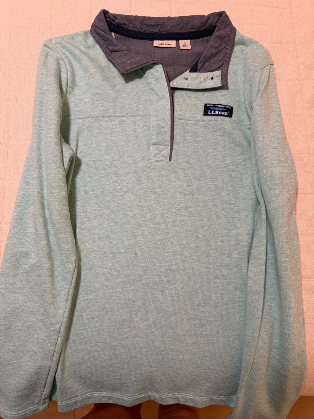 L.L.Bean Seafoam Green Quarter-Zip with Navy Collar